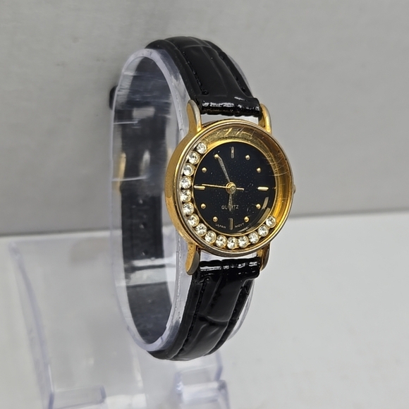 Vintage Avon Watch Women 24mm Black Gold Tone Floating Crystals New Battery - Picture 3 of 11